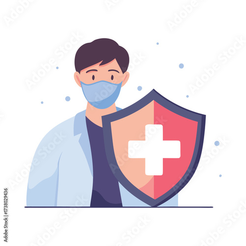 Doctor wearing a mask holding a shield with a medical cross symbol