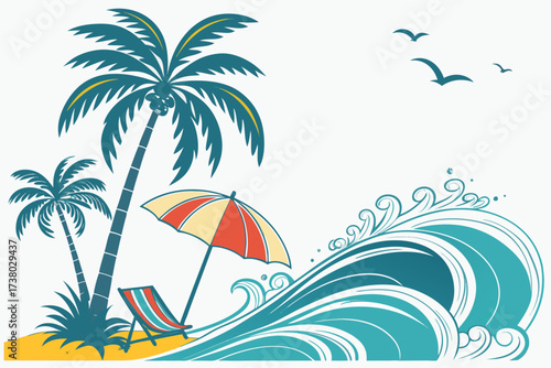 Tropical beach scene with palm trees and ocean waves