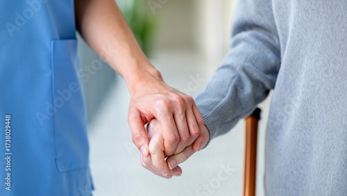 Obraz na plátně Close-up of a nurse's hand holding a senior's hand, symbolizing care and compass