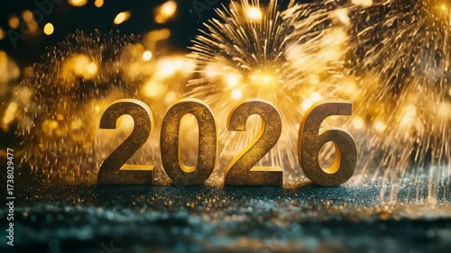 Celebratory New Year 2026 with Sparkling Fireworks Depicted by Golden Numbers Against a Dazzling Background of Bokeh Lights