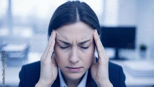 Stressed Young Caucasian Woman Gripping Her Head in Frustration at a Corporate Office, Experiencing Anxiety and Overwhelming Pressure While Struggling to Focus on Work Tasks