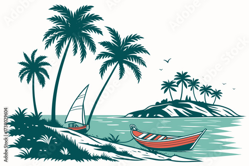 Tropical island with palm trees and boats on white background