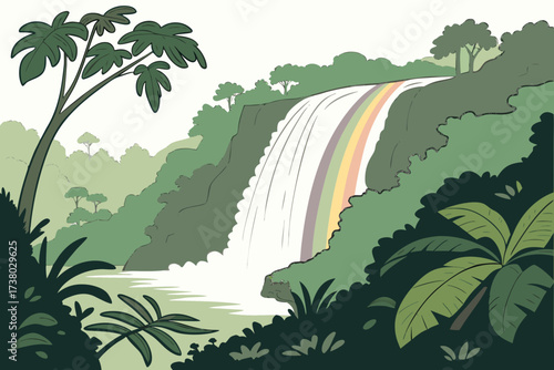 Tropical jungle waterfall with rainbow cascade and lush foliage