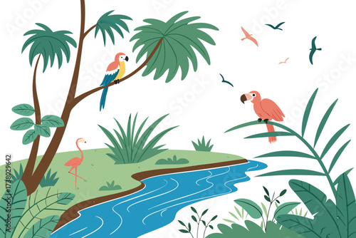 Tropical lagoon with parrots and flamingo art river