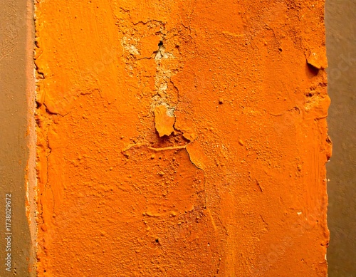 Orange painted wall with peeling paint and cracks