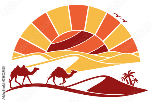 Two camels walking across desert dunes at sunrise vector