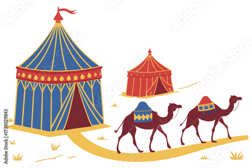 Two camels with colorful saddles walk past tents caravan