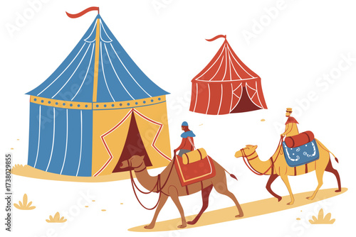 Two camels with riders and colorful tents in a desert