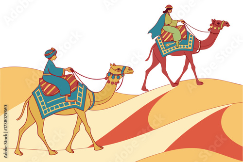 Two camels with riders crossing desert dunes caravan