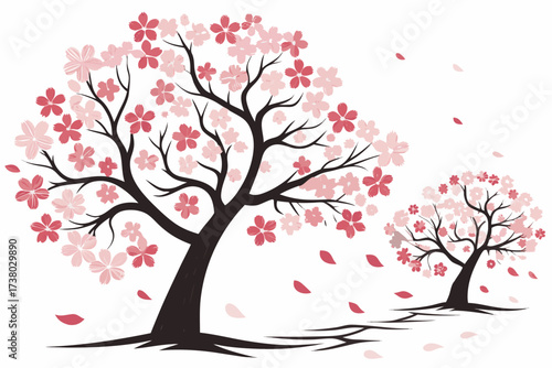 Two cherry blossom trees with pink and red petals sakura