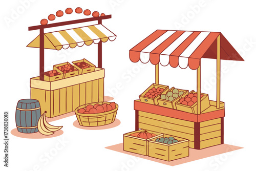Two colorful fruit market stalls with produce stand