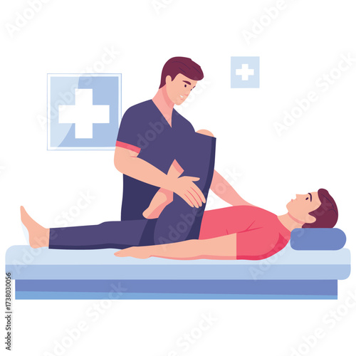 Physical therapist assisting patient with leg stretch on examination table