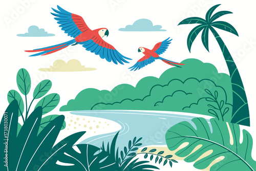 Two colorful macaws flying over a tropical lagoon parrot