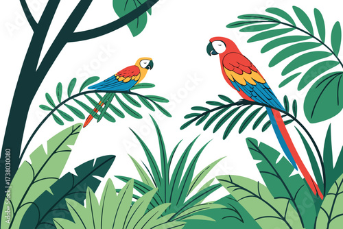 Two colorful macaws perched on branches in a lush jungle