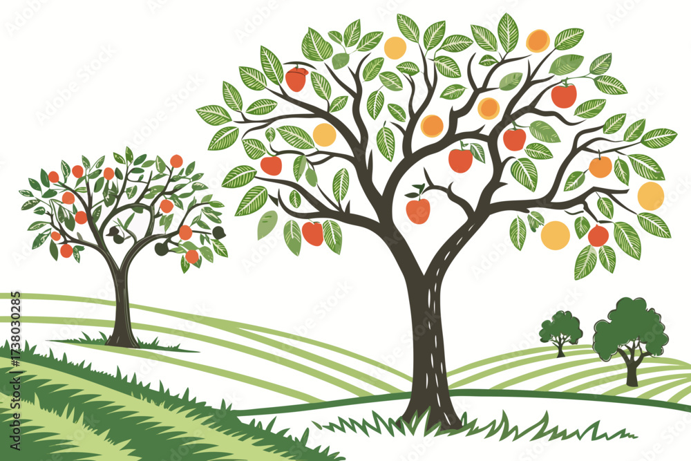 Obraz premium Two fruit trees with red and orange fruits and green leaves
