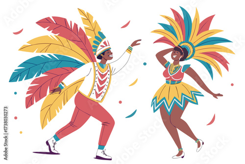 Two dancers in colorful carnival costumes celebrating