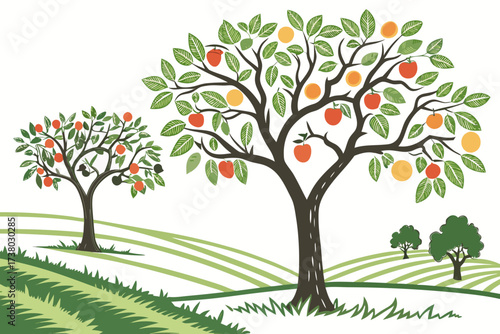 Two fruit trees with red and orange fruits and green leaves