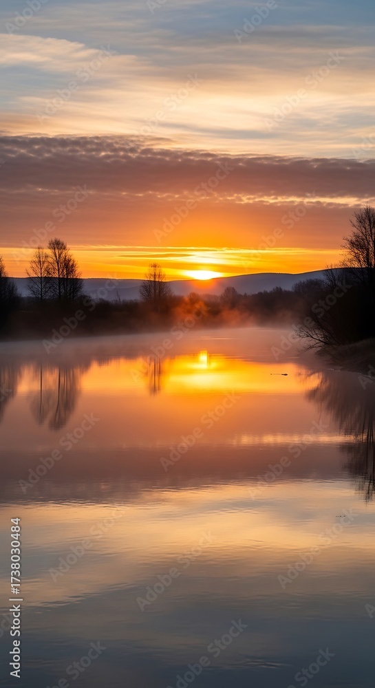 Obraz premium Golden Sunrise Reflection on Calm Lake Water.