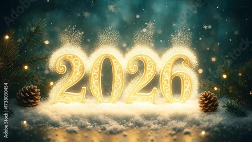 Golden Ornate Numerals Representing the Year 2026 Surrounded by a Snowy Background and Sparkling Greenish-Blue Lights in a Festive Atmosphere