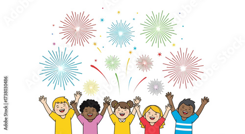 Animated diverse children celebrating with colorful fireworks expressing joy and community harmony