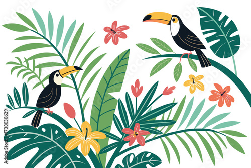 Two toucans perched among lush tropical foliage and flowers