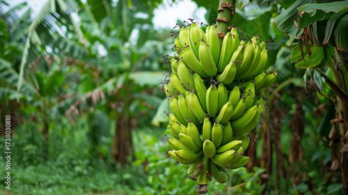Vertical bunch of unripe bananas hanging in tropical farm surrounded by greenery