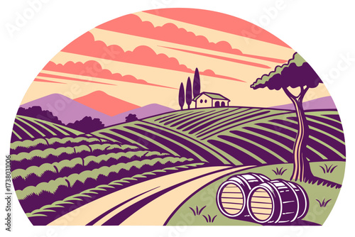 Vineyard landscape with house and barrels at sunset