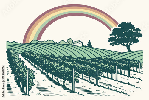 Vineyard landscape with rainbow and farmhouse art wine