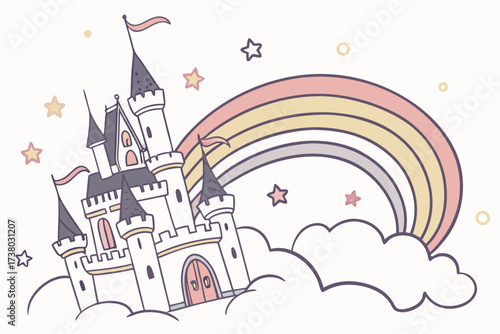 Whimsical castle on rainbow clouds with stars fantasy