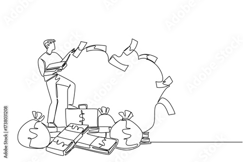 Single continuous line drawing a man stands on pile of banknotes and money bag throwing banknotes. Investing heavily. Leveraging resources. Be a Millionaire Day. One line design vector illustration