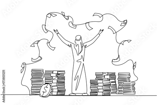 Continuous one line drawing back view, Arab man stands with arms outstretched and throws the banknotes. Invest massively. Profit. Be a Millionaire Day. Single line draw design vector illustration