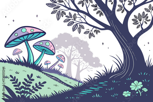 Whimsical forest scene with glowing mushrooms and stylized trees