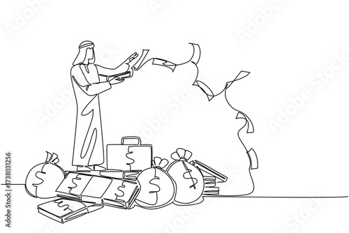 Single one line drawing Arab man stands on pile of banknotes and money bag throwing banknotes. Throwing money in the wrong place. Be a Millionaire Day. Continuous line design graphic illustration