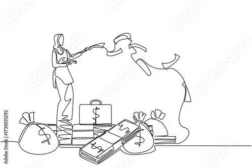 Single continuous line drawing Arab woman stands on pile of banknotes and money bag throwing banknotes. Be very wasteful. Forgot to invest. Be a Millionaire Day. One line design vector illustration
