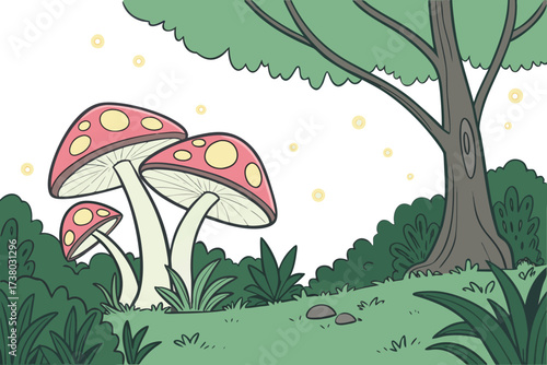 Whimsical forest scene with pink spotted mushrooms and a large tree