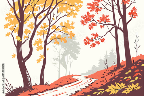 Winding forest path with colorful autumn leaves and trees