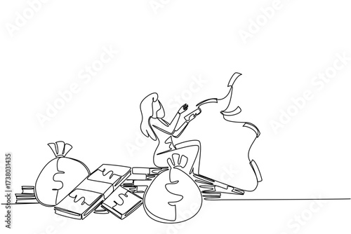 Single continuous line drawing a woman sitting on a pile of banknotes and money bag while throwing banknotes. Happy with lots of income. Be a Millionaire Day. One line design vector illustration
