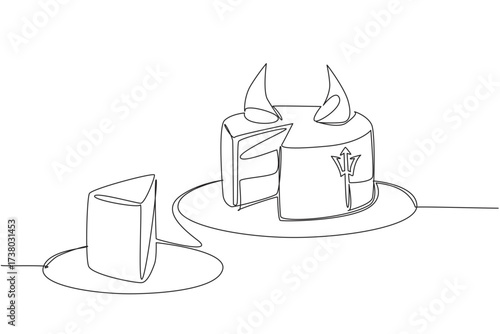 Single continuous line drawing food cake of devil cut with horn topping. A darker, denser cake with a sweeter taste. Culinary. Event. National Food of Devil Cake. One line design vector illustration