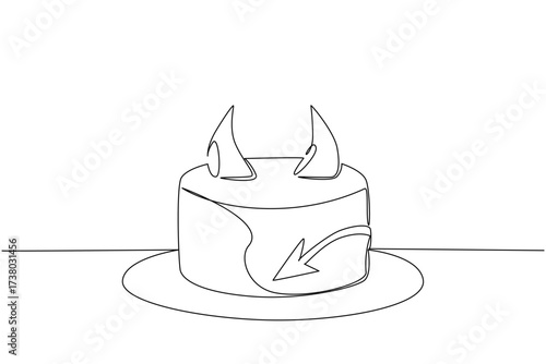 Continuous one line drawing food of devil cake with horn topping and tail on the side. The deliciousness behind the density. National Food of Devil Cake. Single line draw design vector illustration