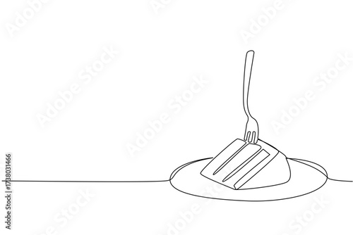 Single one line drawing a slice of cake of the devil on a small plate with a fork stuck into the cake. Very delicious cake. National Food of Devil Cake. Continuous line design graphic illustration