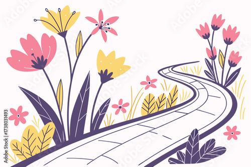 Winding path with colorful flowers and foliage road