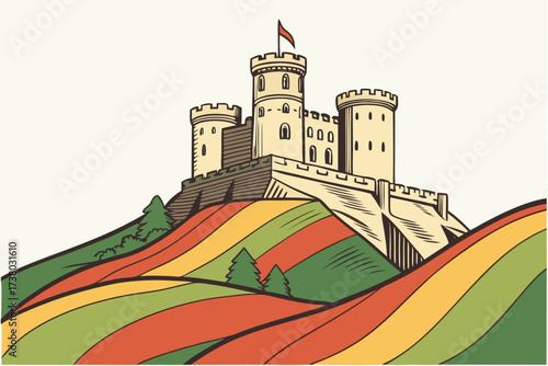 Yellow castle on rolling colorful hills hilltop rolling hills