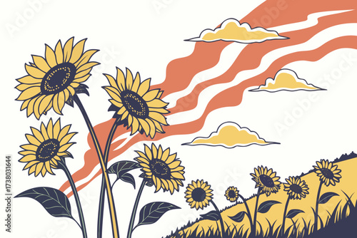Yellow sunflowers against abstract orange sky and clouds
