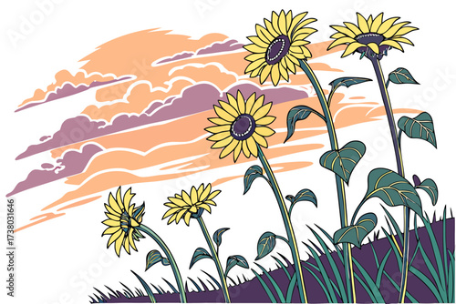 Yellow sunflowers against a pastel sky and green grass