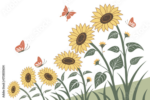 Yellow sunflowers and orange butterflies illustration