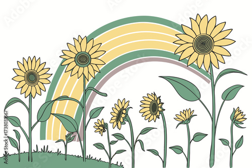 Yellow sunflowers with rainbow arc on white background