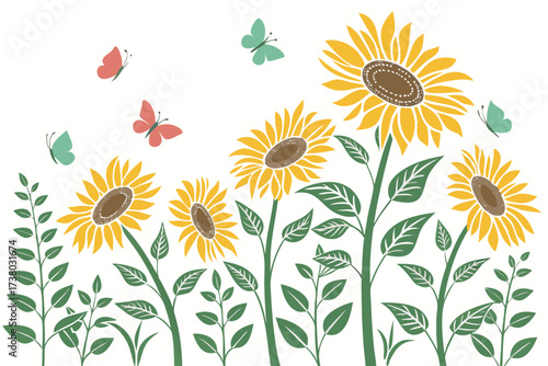 Yellow sunflowers with green leaves and colorful butterflies