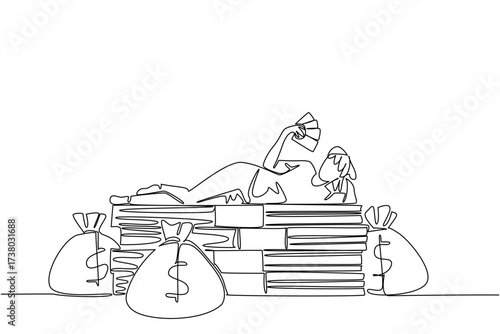 Single one line drawing a woman lying on a pile of banknotes and fanning herself with the banknotes. Multiple benefits. Investment. Be a Millionaire Day. Continuous line design graphic illustration