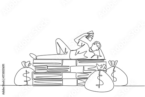 Single continuous line drawing a man lying on a pile of banknotes and fanning himself with the banknotes. Very abundant wealth. Achievement. Be a Millionaire Day. One line design vector illustration