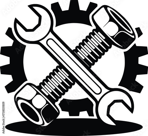 Wrench and Bolt Gear Symbol, Mechanical Engineering Tool Illustration.